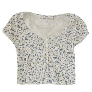 Aeropostal blue and white flower button down cropped tee